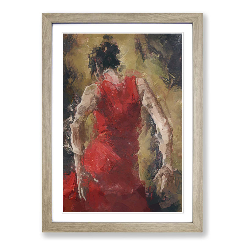 Spanish Flamenco Dancer in Abstract - Picture Frame Painting Print on MDF, 65cm H x 48cm W x 2cm D, Oak Framed