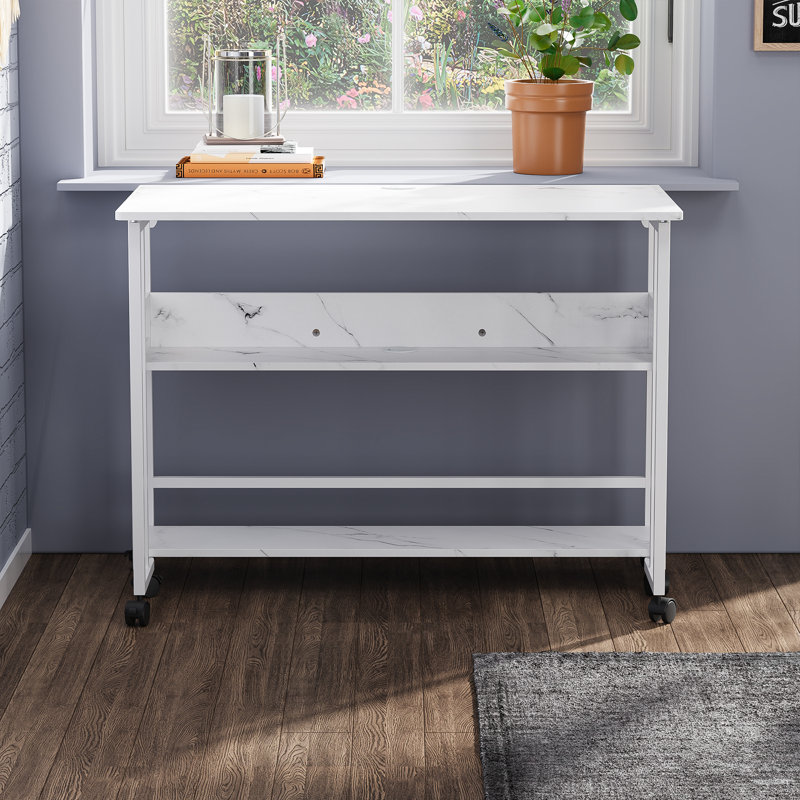 Mobile Foldable Computer Desk, White Marbling/White