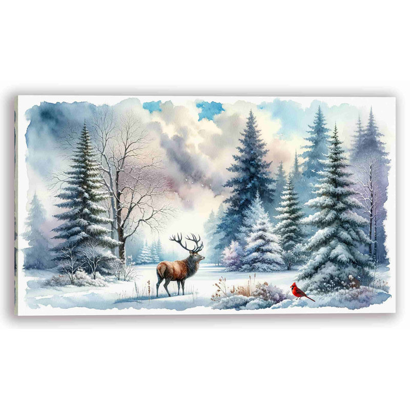 Winter Solitude: Majestic Elk and Cardinal in Snowy Landscape Canvas Art, 20'' H x 35'' W x 1.5'' D