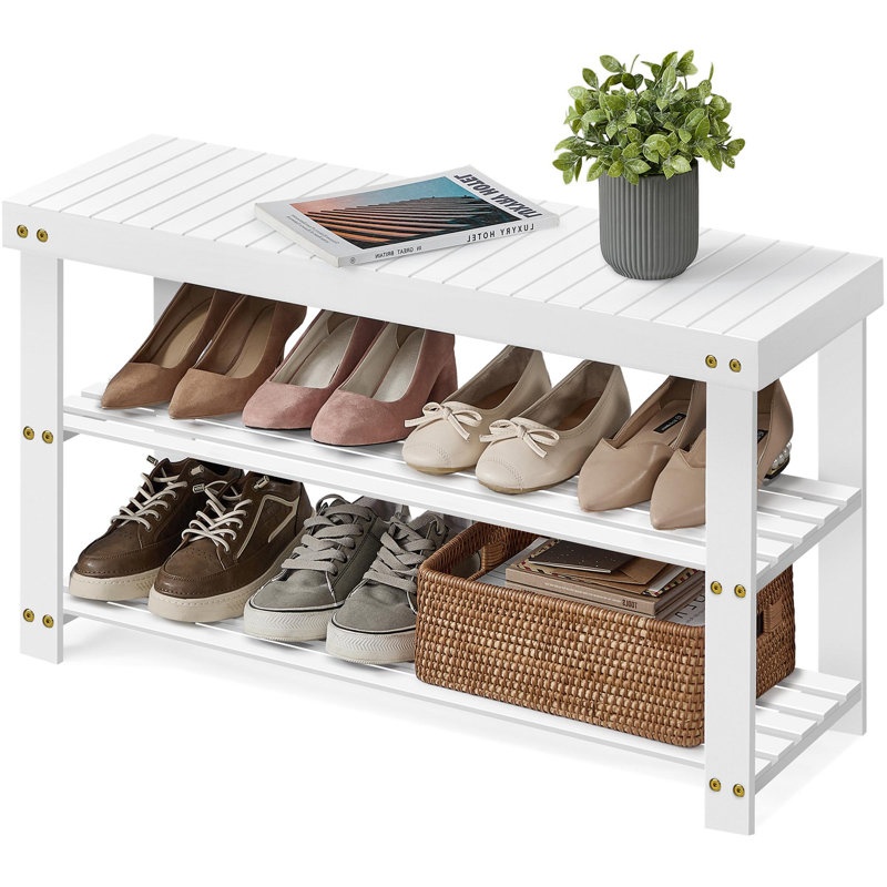 8 Pair Shoe Storage Bench, 3-Tier Bamboo Shoe Rack Bench, Cloud White