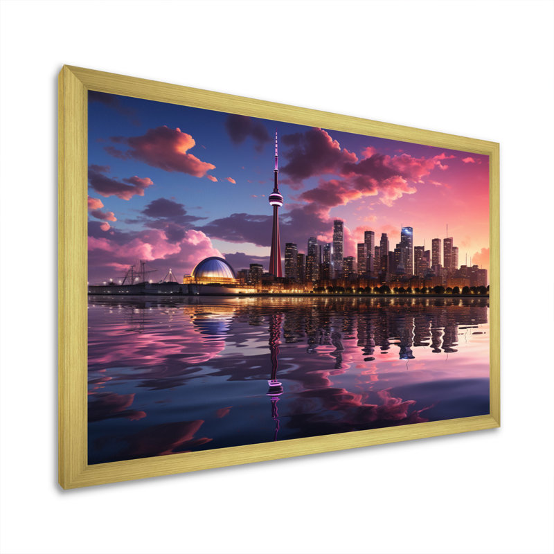 Mauve Toronto par nuit - imprimé, Encadrement doré, H 12 po x l 20 po x P 1 po