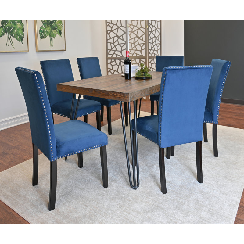 Ensemble de salle à manger 7 pièces, table à manger en épingle à cheveux avec 6 chaises, 3 options de couleurs, Bleu