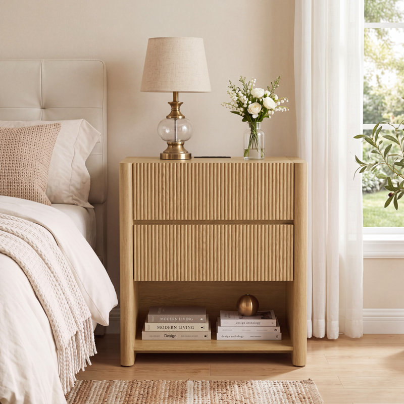Table de chevet en bois à panneaux ondulés de 60 cm de large, avec 2 tiroirs et une tablette ouverte, station de recharge intégrée