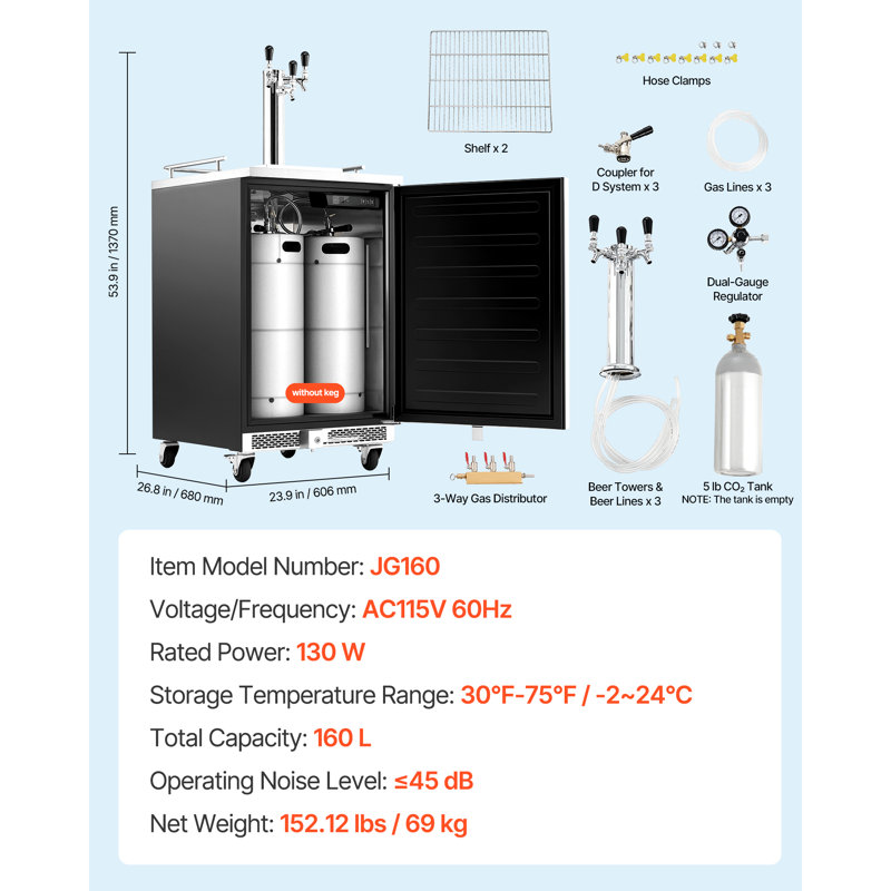Tireuse à bière industrielle, réfrigérateur à fûts pleine grandeur avec réservoir de CO2 de 2,3 kg, capacité de 3 fûts de 1/6 / 2 fûts Slim / 3 fûts à verrouillage à bille, 160 L, distributeur de bière pression commercial à trois robinets pour système D