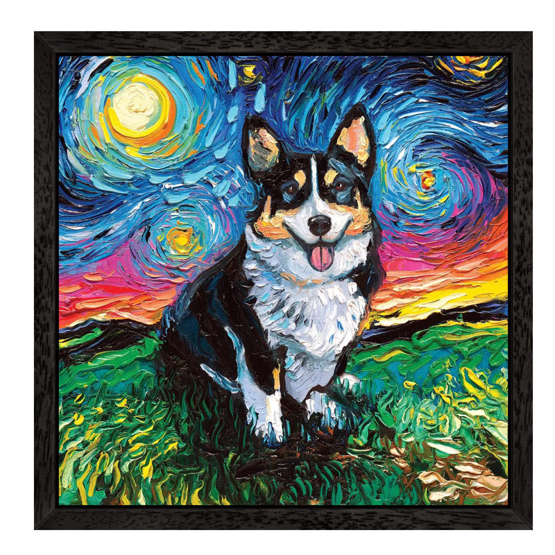 Tri-Color Corgi Night by Aja Trier - Floater Frame Painting on Canvas, 93.98 cm H x 93.98 cm W, Black Framed