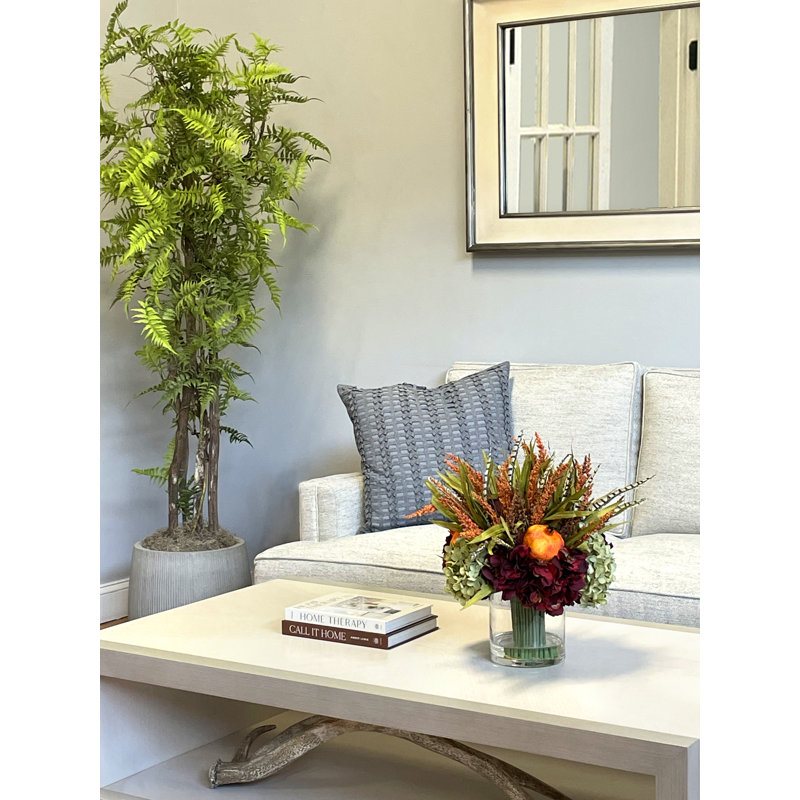 Fall Arrangement with Hydrangeas and Thistle, Green/Burgundy/Orange