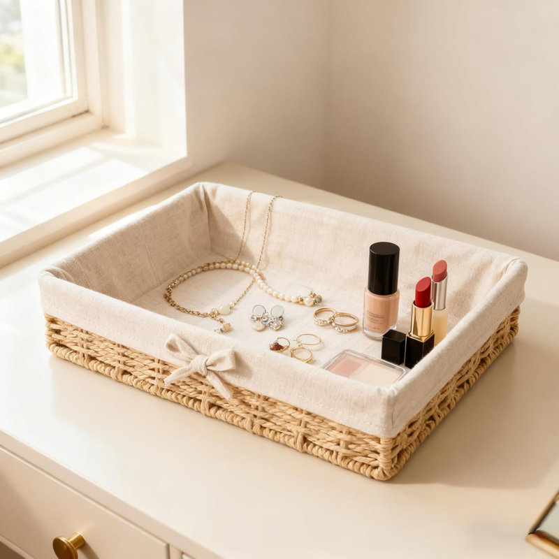Panier en corde de papier avec doublure, panier en osier tissé à la main pour tablettes, naturel, Naturel