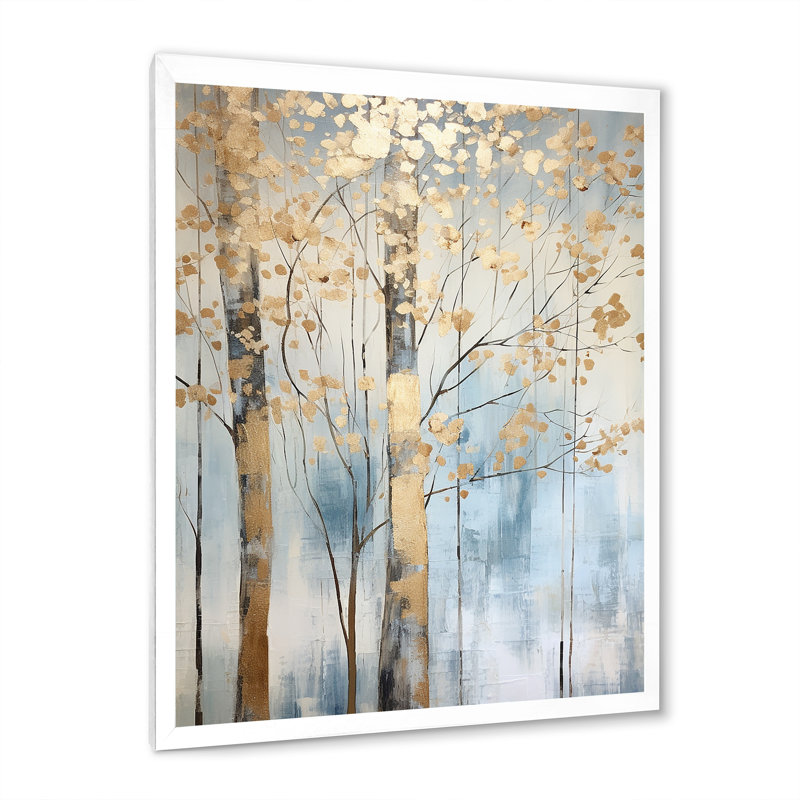 Gold And Blue Treasure Trees Scenery II Framed On Canvas Print, 40" H x 30" W x 1.5" D, White Single Picture Framed
