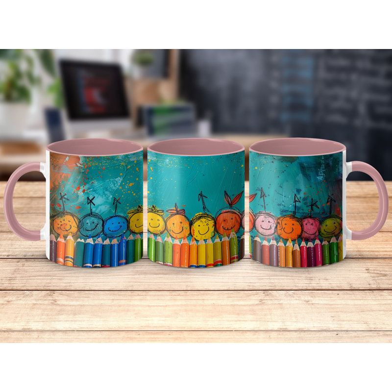 Kids Drawing Style 11oz Accent Mugs – Ceramic Coffee Cup with a Pink Handle and Interior