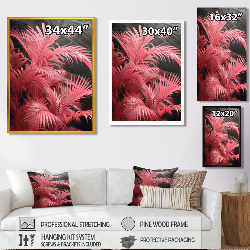 Décoration murale rose et gris glamour - palmiers et palmiers, H 12 po x l 20 po, Cadre simple noir