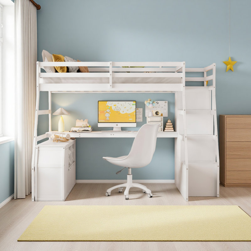 Lit mezzanine double avec 7 tiroirs, 2 tablettes et un bureau, Blanc
