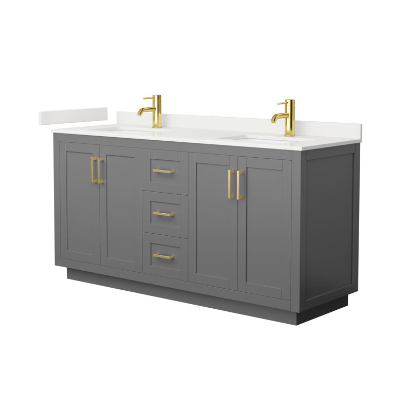 Meuble-lavabo double autoportant de 66 po avec plateau en quartz Miranda, Giotto Quartz, Gris foncé, Nickel brossé