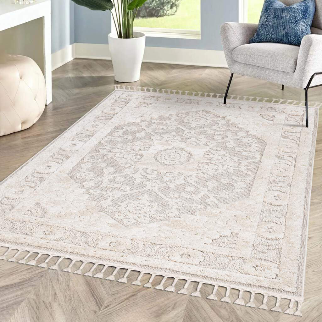 Teppich Boho-Stil Creme Ornamente Bordüre Relief-Optik 3D-Effekt Cut-&Loop Sisal Moderne Fransen Clutier