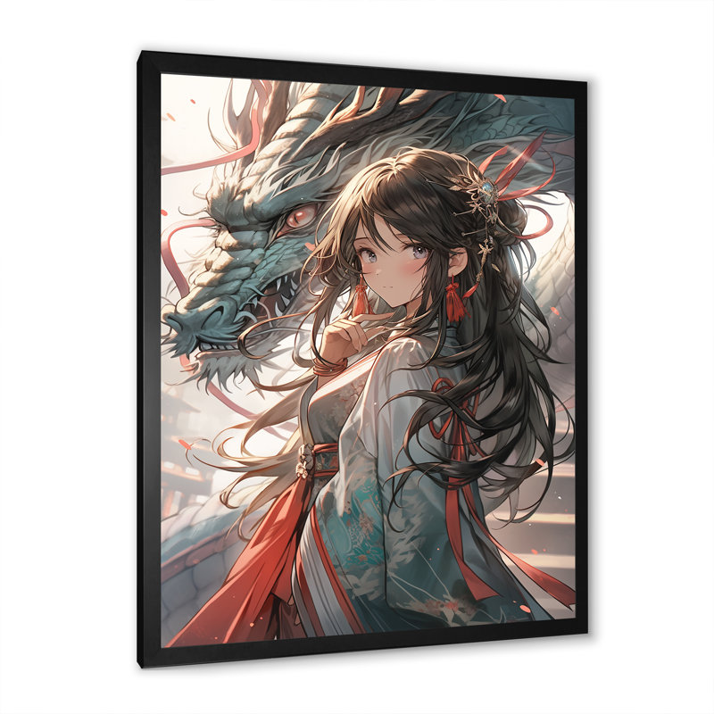 Red Manga Dragon Dreams II, Black Single Picture Framed, 32" H x 16" W x 1" D