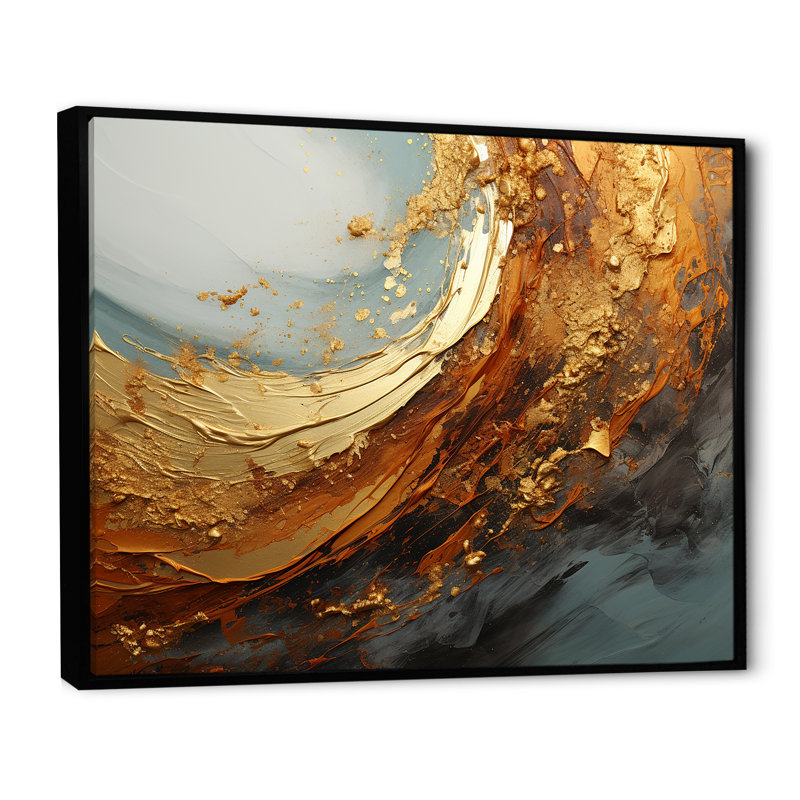 «Gold Teal», impression sur toile, spirales abstraites, Cadre flottant noir, H 30 po x l 40 po x P 1,5 po