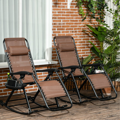 2 chaises berçantes d'extérieur, chaise berçante inclinable zéro gravité pliable avec coussin, porte-gobelet et téléphone, brun. Structure en acier stable, tissu respirant. Fauteuil inclinable 2 pièces en métal robuste à assemblage simple