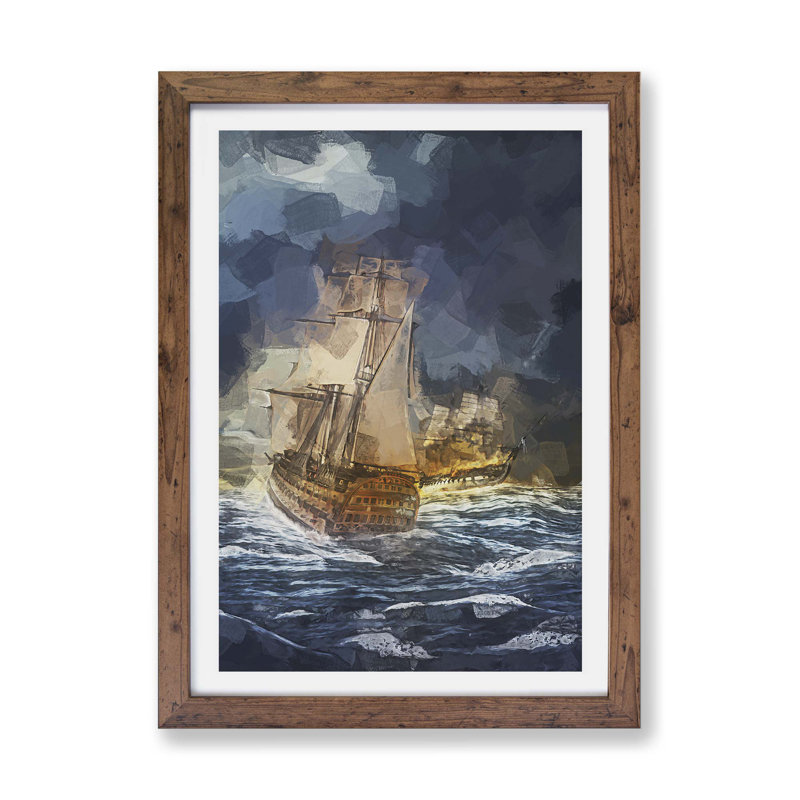 Naval Battle Ship At War In Abstract - Single Picture Frame Painting, 62cm H x 87cm W x 2cm D, Walnut