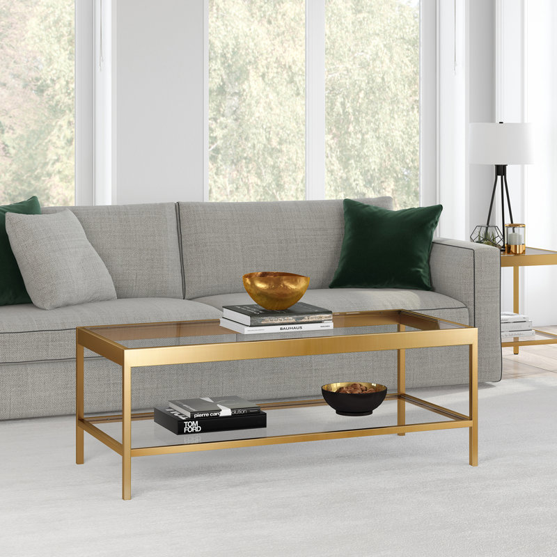 45" Wide Glass Top Coffee Table with Open Lower Shelf — Brass Modern Metal Centre Table for Living Room | Cleo, Brass