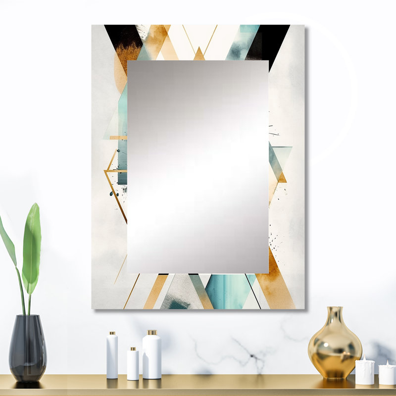 Green Triangle Boho IV - grand miroir mural géométrique, miroir décoratif vert, impression sur métal, 32 po x 24 po