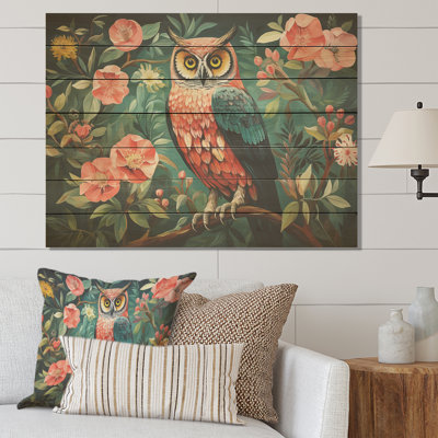 Hibou rose et gris dans un style V Matisse - animal hibou sur bois
