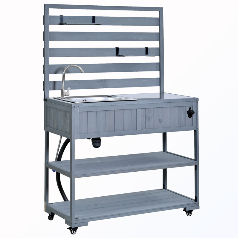 Banc de jardin avec évier, tablettes mobiles et ouvre-bouteille, Grey