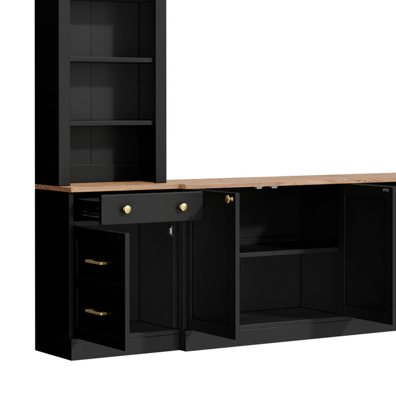 Meuble audio-vidéo rétro noir, meuble télé arqué de 106 po, rangement polyvalent avec armoires et tiroirs, structure de tiroir compatible avec panneaux de particules de 70 po