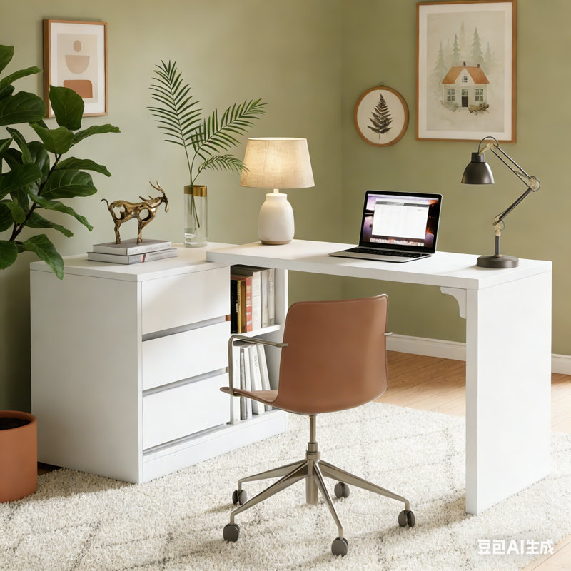 L-Shaped Reversible Corner Computer Desk with Drawer Cabinet, White