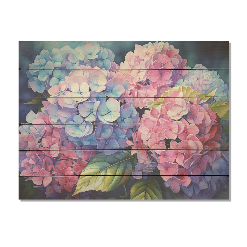 «Hortensia rose et mauve coucher de soleil I», art mural bois d'hortensia sur bois de pin naturel, H 10 po x l 20 po