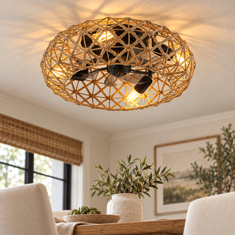 Ventilateur de plafond en corde de jute avec 4 ampoules, à intensité variable, 7 vitesses, moteur à courant continu réversible