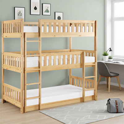 Ishay Transitional Wood Triple Bunk Bed with Protective Guard Rails, Integrated Ladders & Convertible Design