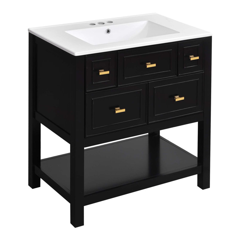 Ensemble de meuble-lavabo avec lavabo en céramique, ensemble de meuble-lavabo simple autoportant avec 5 tiroirs, armoire de rangement en bois massif