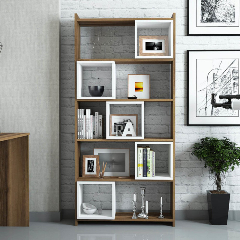 Modern Wall-Mounted Bookshelf, White & Walnut, 31.5 x 67.0 x 8.7 inches | 100% Melamine Coated Particle Board, Thickness: 0.7 inches | Stylish Design with Numerous Shelves, Perfect for Home & Office Spaces