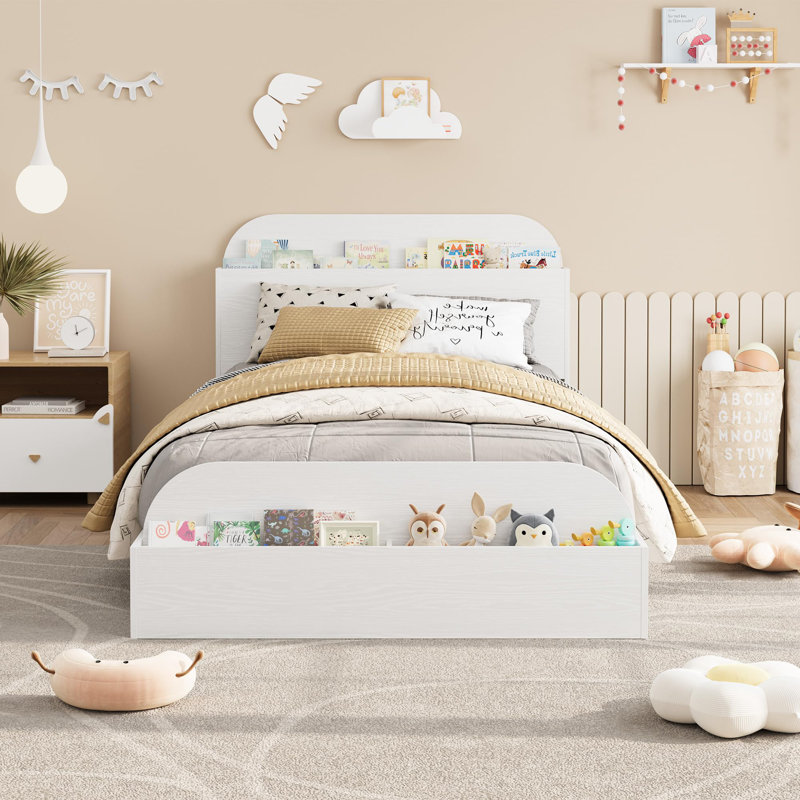 Twin Size Wooden Low Platform Bed Frame with Storage Headboard and Raised-Foodboard For Boys & Girls, No Box Spring Needed. White