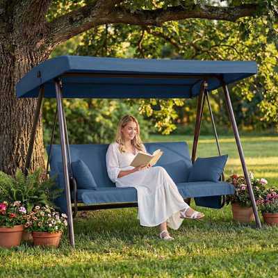 3-4 Person Oversized Outdoor Porch Swing With Adjustable Backrest Canopy,2-in-1 Swing Bed 800 Lbs Capacity,patio Swing With Removable Cushions