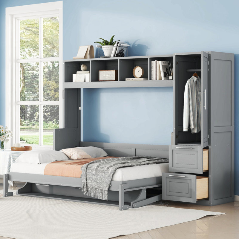 Lit escamotable Murphy avec placard et tiroirs, Gris, Lit double