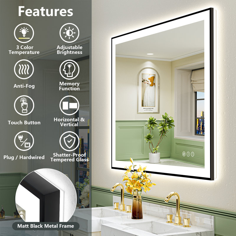 Miroir de salle de bain Tyeishia Matte, 48 po x 40 po