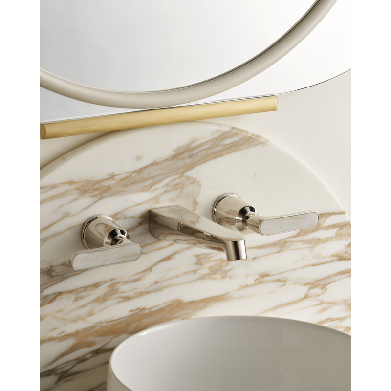 Twenties Basin Wall Mounted Mixer, Rough-in Box, Polished Nickel/Calacatta Oro
