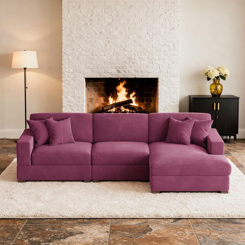 Canapé modulaire rembourré 3 pièces en velours côtelé, Orienté à droite, Velours côtelé violet