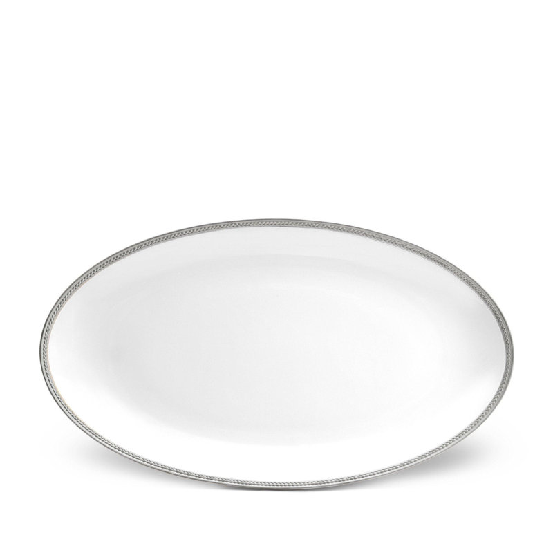 Soie Tressee White Oval Platter Large, White/Platinum