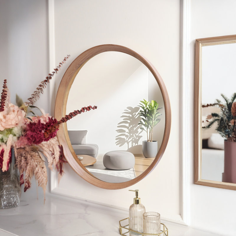 Wood Round Wall Decorative Mirror for Bathroom Bedroom, Oak, 23.6" x 23.6"