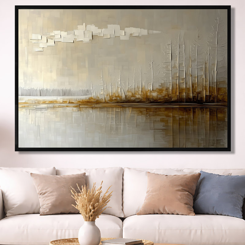 Toile dorée dorée, art moderne forêt grise, horizon gris doré moderne, H 40 po x l 60 po, Cadre flottant noir