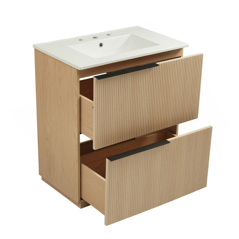 Meuble-lavabo de 30 po avec lavabo en céramique et tiroirs pleine extension, glissières de tiroir à fermeture en douceur, conception cannelée, naturel