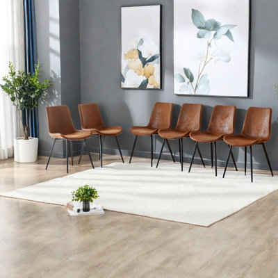 Modern Dining Chairs Set Of 6, Brown Suede Cushion, Metal Legs For Kitchen