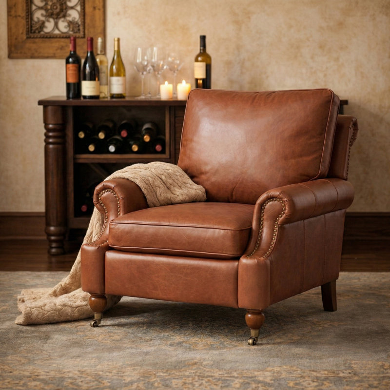 Chaise avec accoudoirs en cuir véritable ciré Stanton, Selle de cuir
