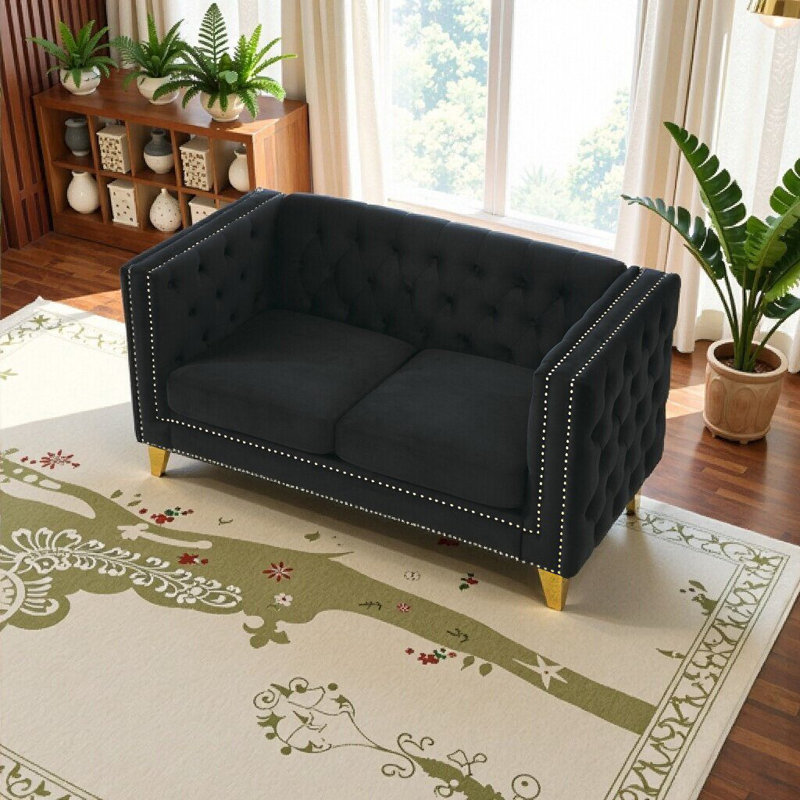 Elegant Black Velvet Sofa with Button Tufting & Nailhead Trim – 2-Seater Modern Chesterfield Couch for Living Room & Bedroom