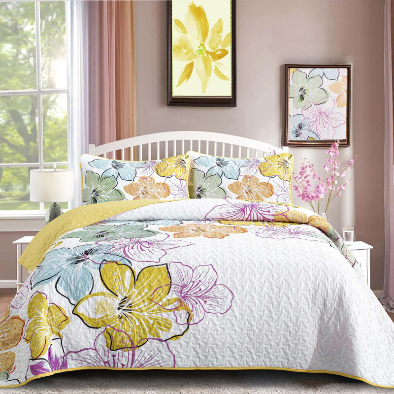 Ensemble de courtepointe à motif floral 3 pièces avec taies décoratives, Courtepointe pour lit grand + deux taies décorati