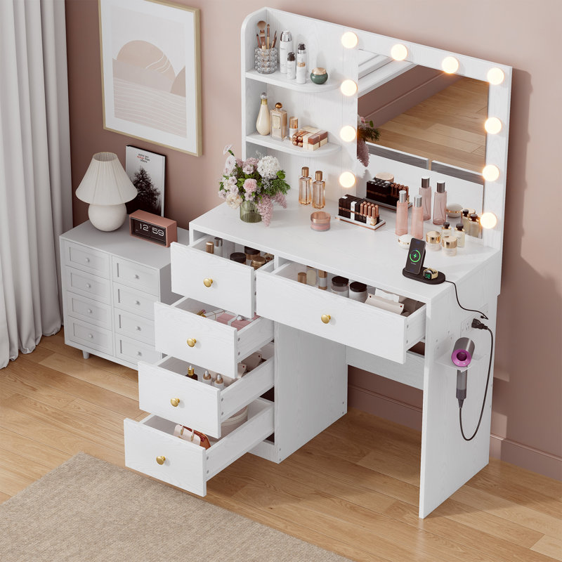 Kenn Makeup Vanity Set With Mirror And Lights, Adjustable Brightness, 5 Drawers, Power Outlet And Vanity Stool, White