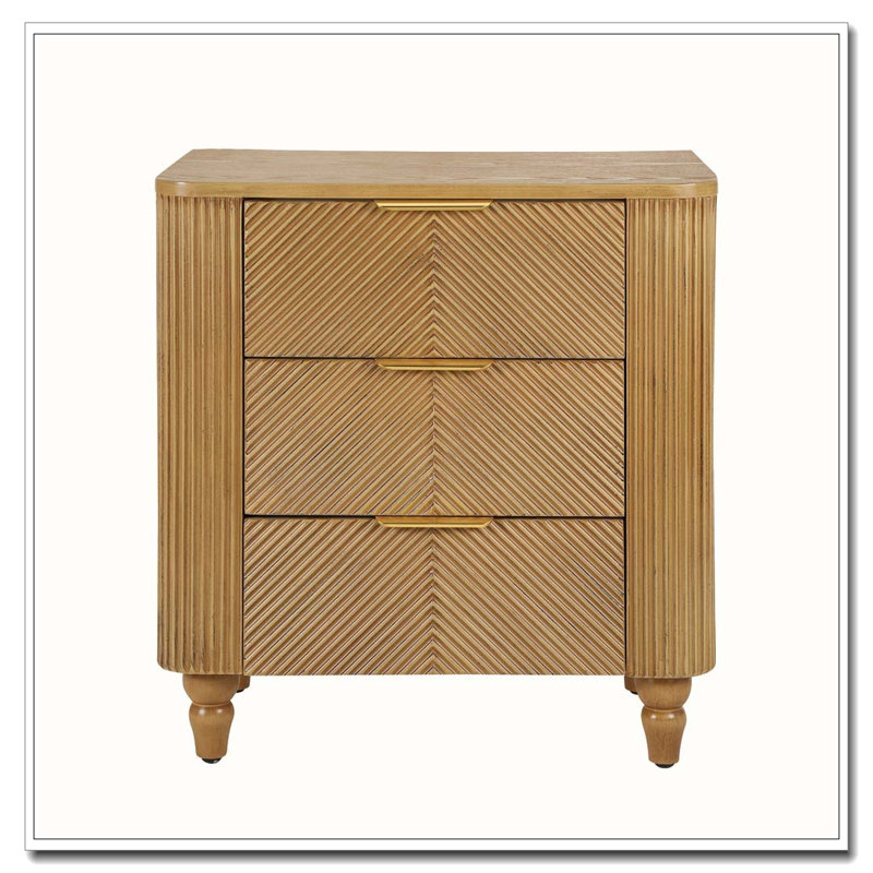 Table de chevet 3 tiroirs, table de chevet avec profil incurvé et larges poignées brillantes dorées, Naturel