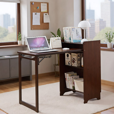 Bamboo Folding Desk, Foldable Desk For Small Space, Computer Desk With Hidden Storage And Built-In Socket, Mid Century Foldable Table For Home Office And Bedroom (Walnut Brown)