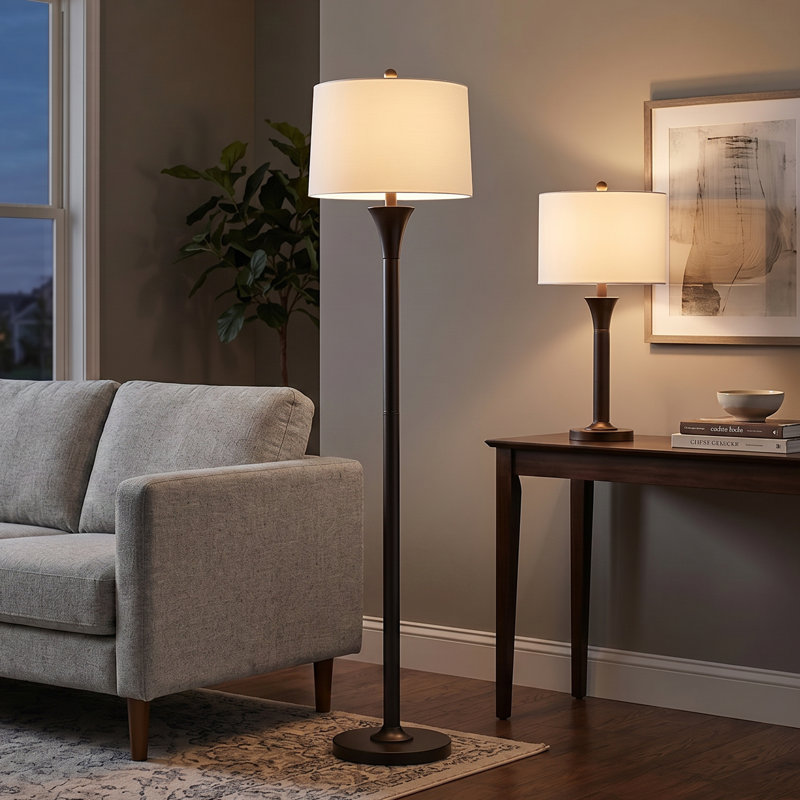 66" Metal Floor Lamp with Fabric Drum Shade, Black